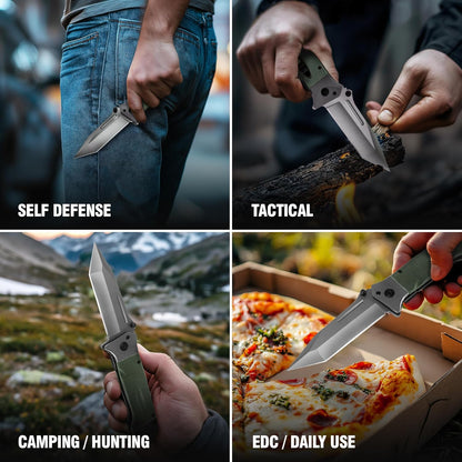 Grand Way Spring Assisted Heavy Duty Pocket Knife for Men - 3.5" Tanto Sharp Blade - Folding Tactical Japanese Deba Knife with Portable Clip - for Hunting Camping Military Survival Work EDC 6688 BG