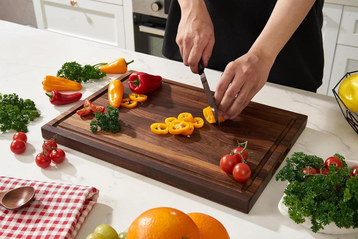 Cozifa American Dark Walnut Wood Cutting Board 17"x12"x1.6" for Kitchen with Juice Groove, Inner Handles, Gift Box Packaging and End Grain Butcher Block Finished with Linseed Oil, Beeswax & Lemon Oil