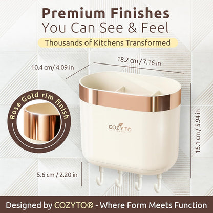 COZYTO LuxTray U1-Pro Wall Mounted Utensil Holder – Kitchen Organizer with Hooks, Dividers & Drain Tray, No-Drill Adhesive Wall Mount Storage, BPA-Free (Cream White & Shiny Silver)