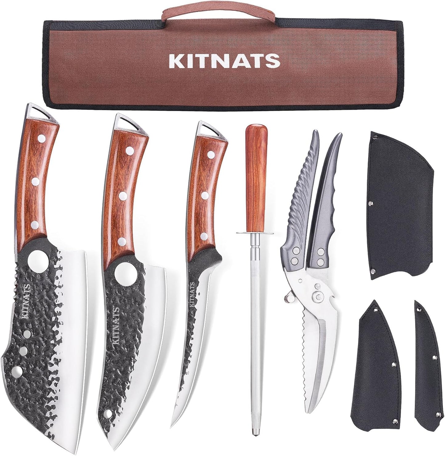 KITNATS 9PCS Butcher Knife Set with Roll Bag, Hand Forged Kitchen Knife Set with Meat Cleaver, Boning Knife & Chef Knife for BBQ, Meat Processing, Camping, Outdoor Cooking, Gift for Men