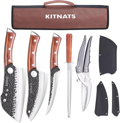 KITNATS 9PCS Butcher Knife Set with Roll Bag, Hand Forged Kitchen Knife Set with Meat Cleaver, Boning Knife & Chef Knife for BBQ, Meat Processing, Camping, Outdoor Cooking, Gift for Men