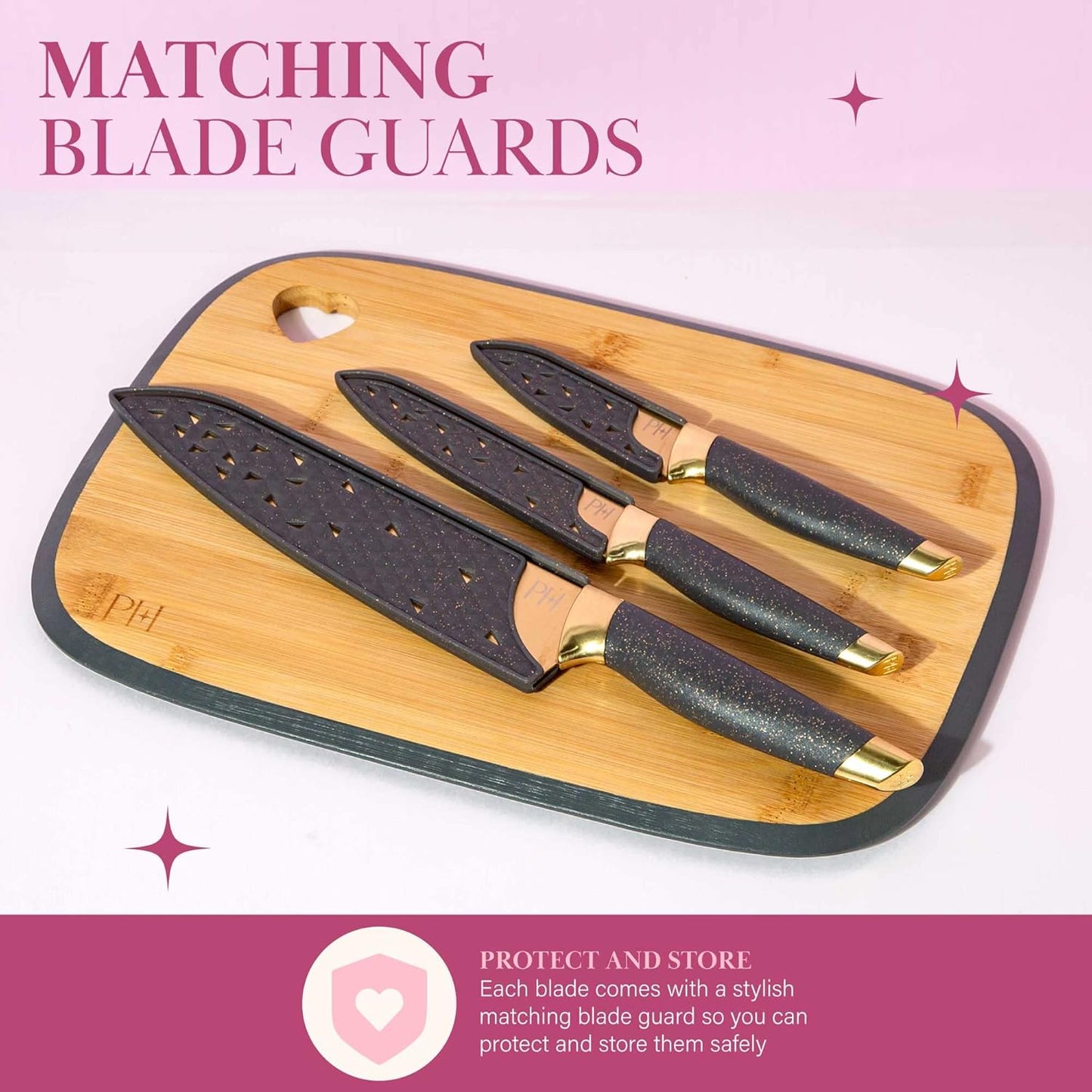 Paris Hilton Bamboo Cutting Board for Kitchen, Reversible Cutting Board and Cutlery Set with High Carbon Stainless Steel Knives and Blade Guards, Comfortable Handle Grips, 7-Piece Set, Gold and Pink