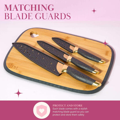 Paris Hilton Bamboo Cutting Board for Kitchen, Reversible Cutting Board and Cutlery Set with High Carbon Stainless Steel Knives and Blade Guards, Comfortable Handle Grips, 7-Piece Set, Gold and Pink