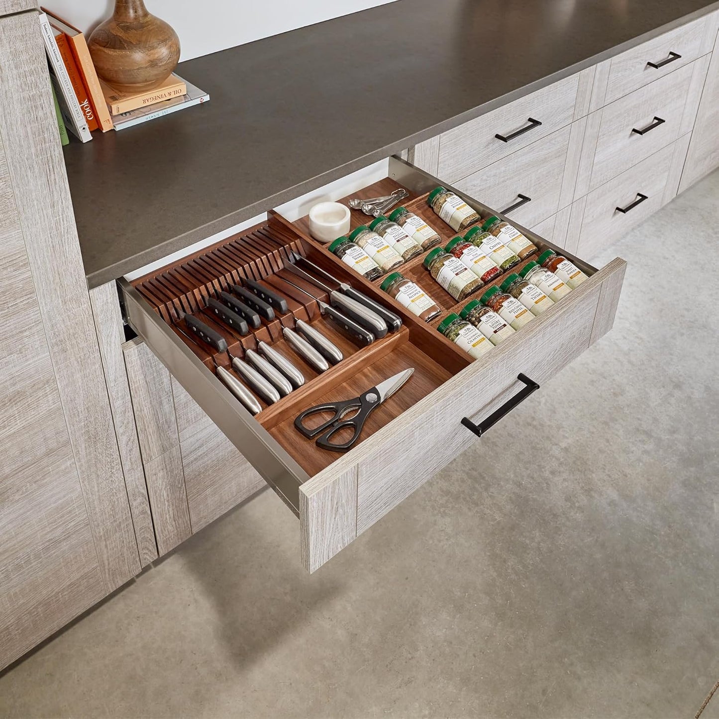Rev-A-Shelf Dual Row Trim-to-Custom Fit Knife Block Drawer Organizer with Storage Holder for Kitchen Utensils, 55 Slot Cutlery Tray, Wood, 4WDKB-1