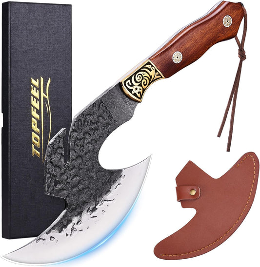 Topfeel Hand Forged Viking Knife 6.2" Meat Cleaver with Sheath, Chinese Kitchen Axe Boning Knife for Meat Cutting, High Carbon Steel Butcher Knife Home Outdoor BBQ Camping Birthday Gifts for Men Dad