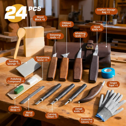 Housolution Wood Carving Kit with Leather Case, 24PCS Wood Carving Tools Whittling Kit Includes Carving Knives Carving Chisels Basswood Blocks Spoon Gloves, Woodworking Tools for Beginners DIY Hobbies