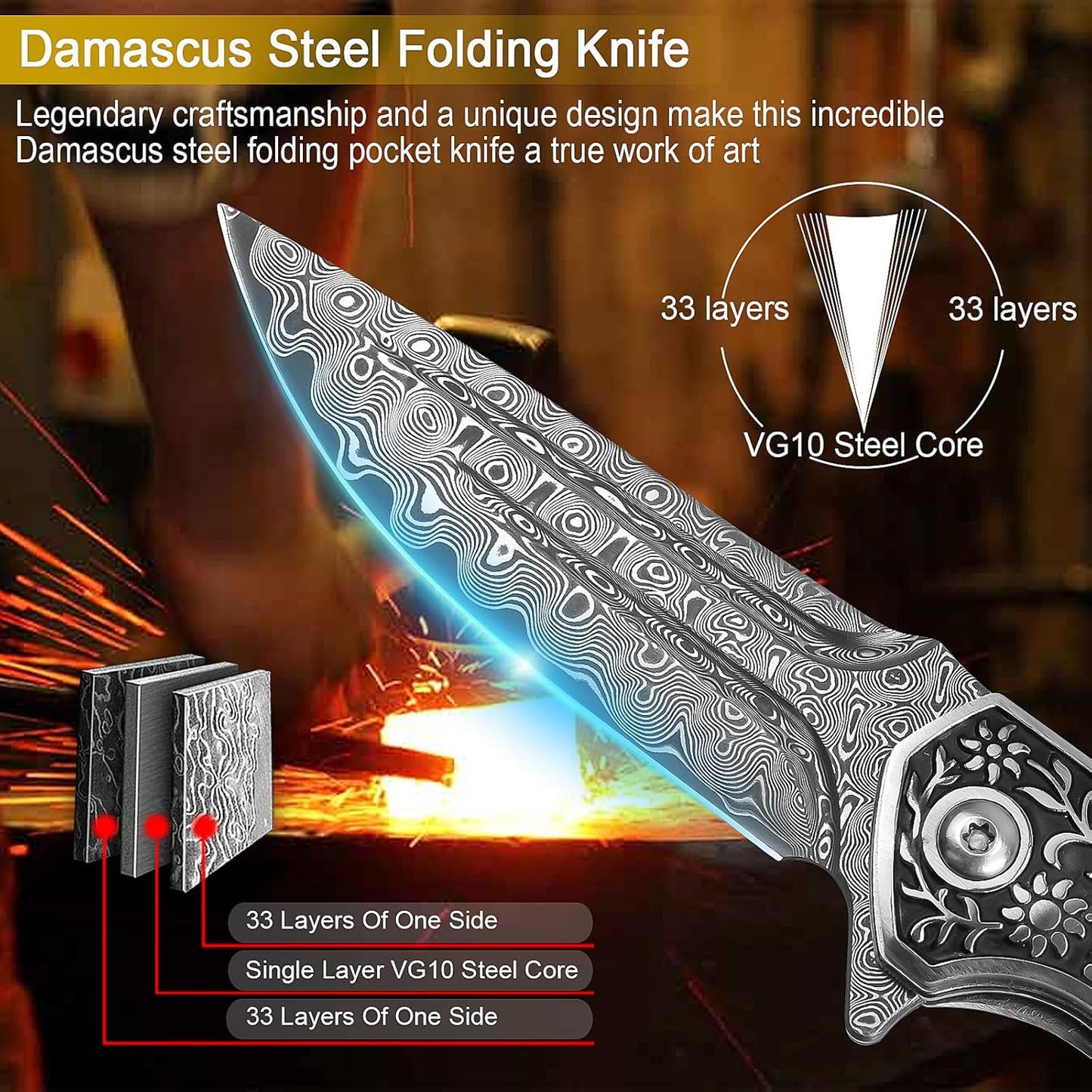 KOMWERO Damascus Pocket Knife for Men, VG10 Core Damascus Steel Folding Knife with Wood Handle, Ball Bearing, Thumb Hole, Liner Lock, Sheath for EDC Outdoor Survival Hunting