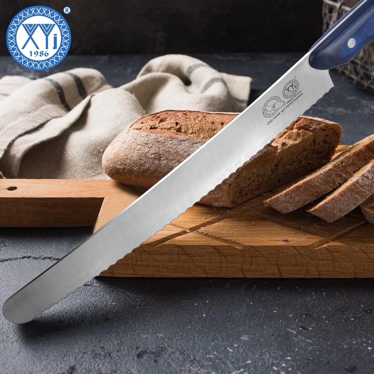 XYJ Authentic Since 1986, Bread Knife 10 inch, Stainless Steel Serrated Blade Cake Knife, Professional Slicing Bread Cutting Knives with Wood Handle for Right Hand Use, Kitchen Serrated Knife