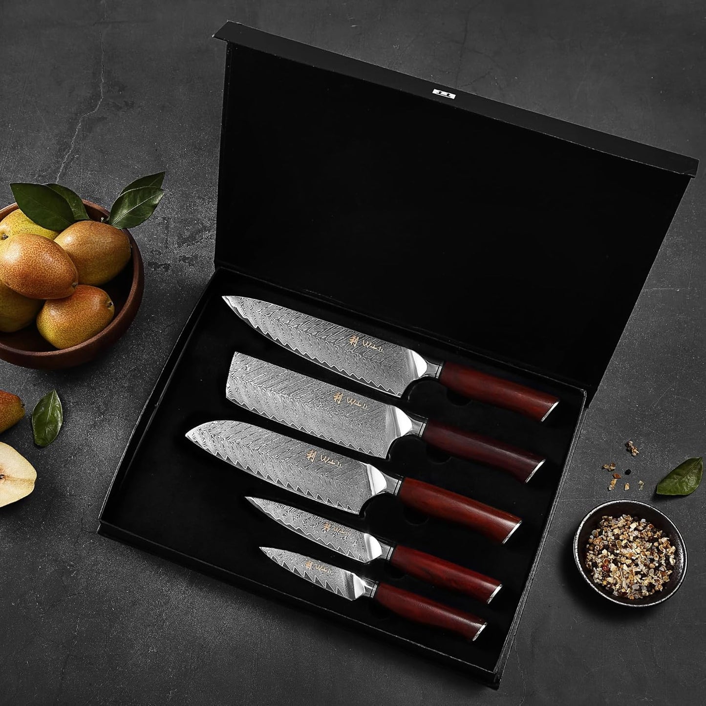 Wakoli Damascus Chef Knife Set with Magnetic Block – 5-Piece Professional Kitchen Knife Block Set, Genuine 67-Layer Damascus Steel Blades with VG10 Core & Ergonomic Sycamore Wood Handles