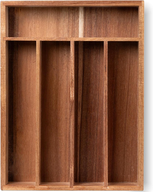 Fibogollo Silverware Organizer Acacia Wood Kitchen Drawer Organizer with 5 Slots Flatware Organizer Tray for Kitchen, Flatware, Utensils