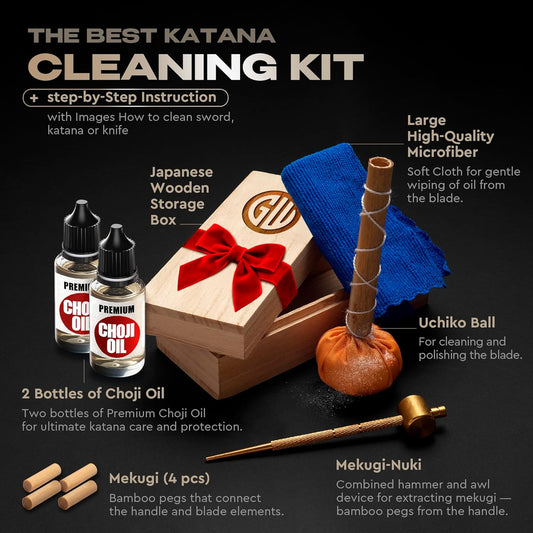 Sword Katana Knife Cleaning Kit - Maintenance Set with 2 Choji Oil - Large Microfiber - Japanese Wooden Stoarge Box - Uchiko Ball - Hammer - 4 Mekugi - Care for Samurai Katanas Swords - Storage Cases