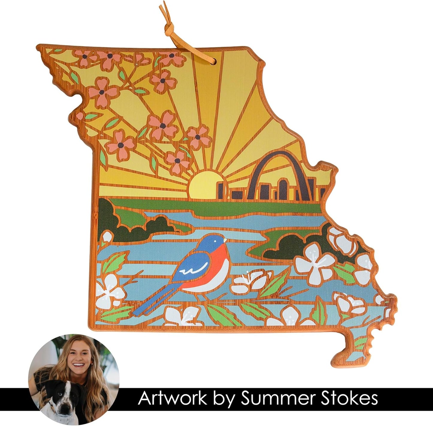 Totally Bamboo North Carolina State Shaped Cutting Board and Charcuterie Serving Platter with Artwork by Summer Stokes, Includes Hang Tie for Wall Display 18" x 8" x 5/8" - Colors B