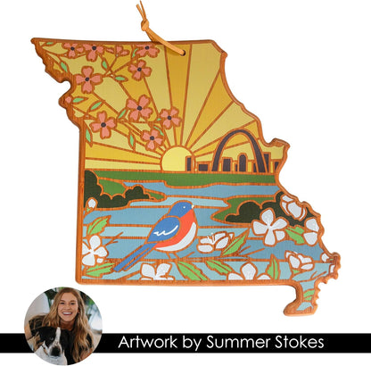 Totally Bamboo North Carolina State Shaped Cutting Board and Charcuterie Serving Platter with Artwork by Summer Stokes, Includes Hang Tie for Wall Display 18" x 8" x 5/8" - Colors B