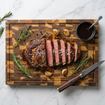 Teak Cutting Board - End Grain Butcher Block, 20 x 14 x 1.5 Inch Large Wood Board with Juice Groove & Side Handles, Extra Thick Carving Board for Meat Prep, BBQ & Charcuterie