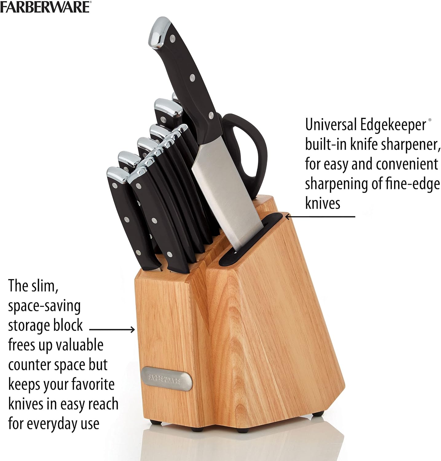 Farberware Edgekeeper Triple Riveted Slim Knife Block Set with Built in Sharpener, 14-Piece, Navy