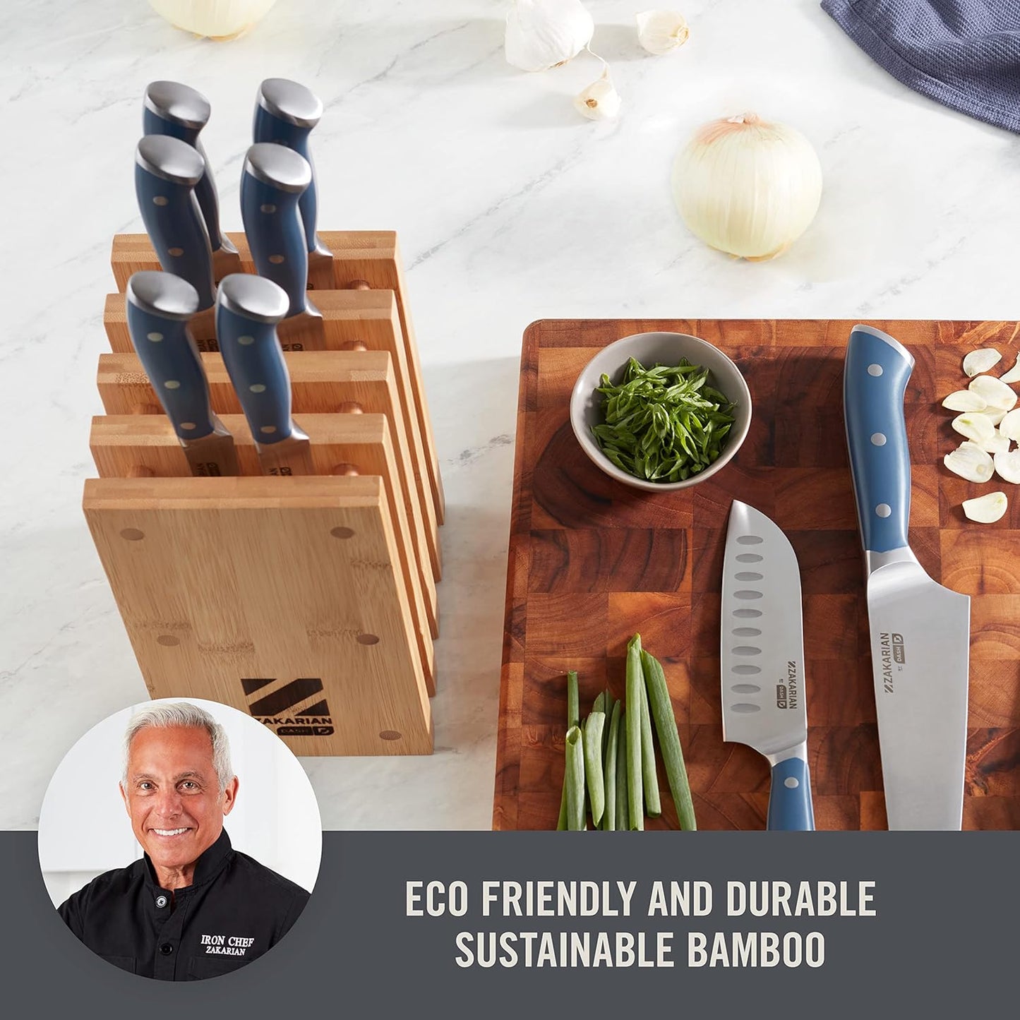 Zakarian by Dash 11 Piece Kitchen Knife Set with Block, German Stainless Steel Full-Tang Forged Cutlery with Magnetic Bamboo Block - Chef, Santoku, Paring & 6 Steak Knives – Blue