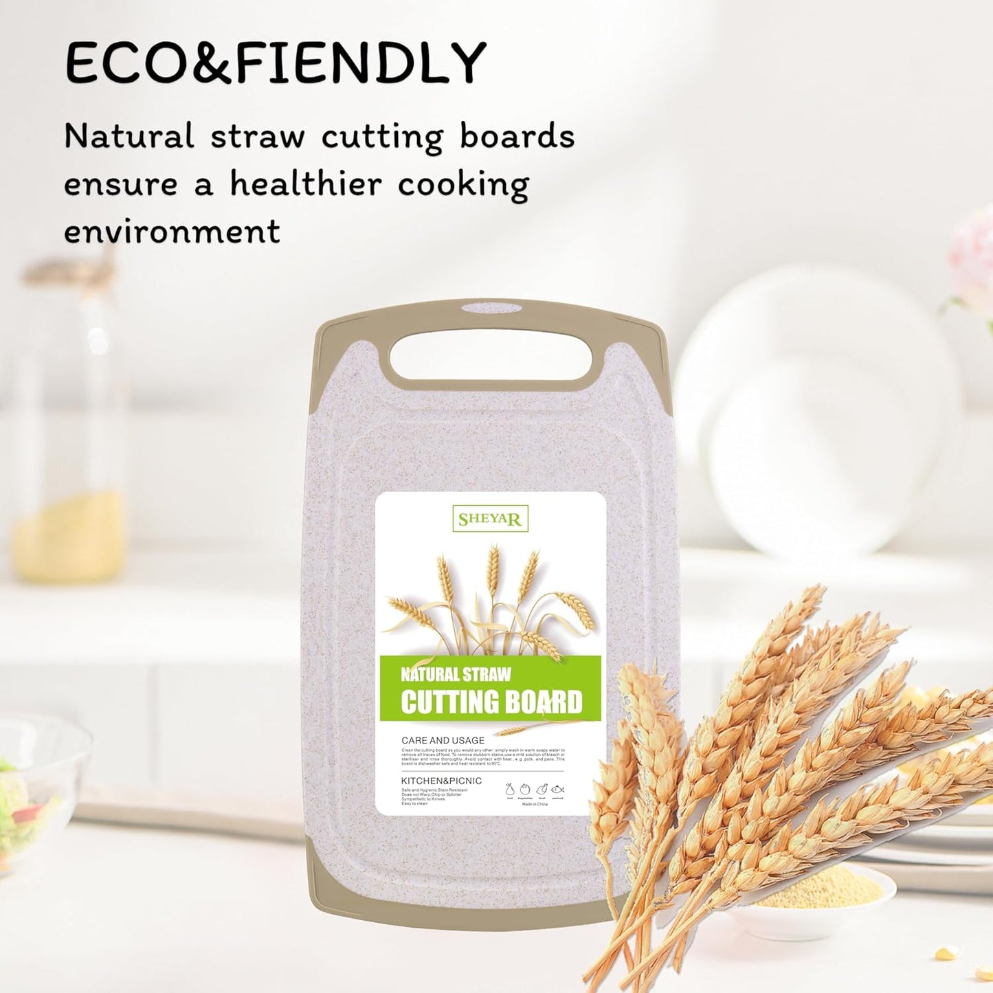 Cutting Board for Kitchen, Wheat Straw Fiber Cutting Board, Dish Washer Safe, w/Juice Grooves for Meat, Veggies, Easy Grip Handle, Non-slip Surface Eco-friendly Serveware Accessories （10‘x6.3’）