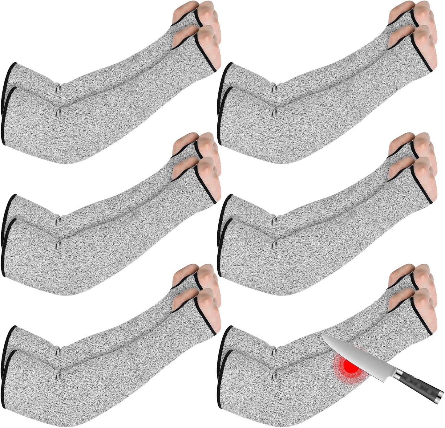 SHENLIU 6 Pair Cut Resistant Arm Sleeve with Thumb Hole, 18 Inches Forearm Protection Sleeves Level 5 Protection Bite-Proof Arm Protectors Safety Arms Guard for Men and Women Farmer Gardening (Gray)
