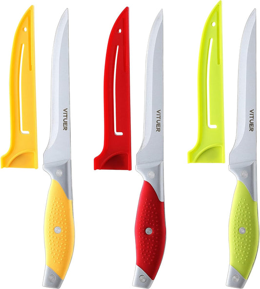 VITUER Boning Knife, 6PCS Fillet Knives (3PCS Filet Knives and 3PCS Knife Cover), 6 Inch Curved Boning Knife for Meat, Fish, Poultry, Cutting, Trimming, German Steel, PP Handle