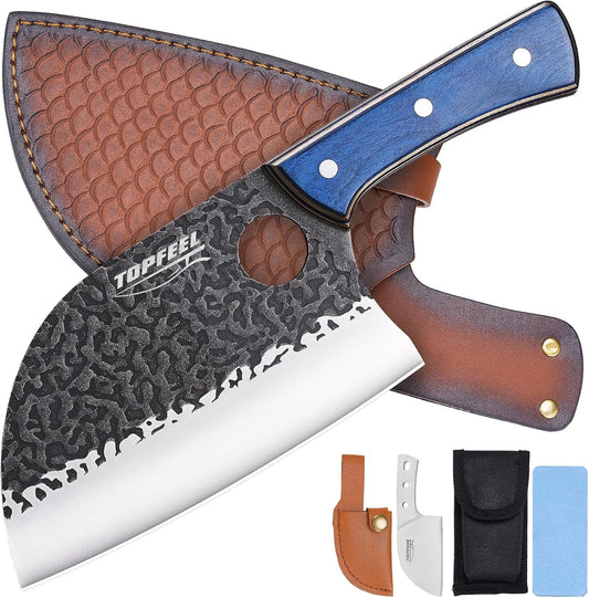 6.8Inch Serbian Chef Knife- Meat Cleaver, Butcher Knife set with Leather Sheath and Whetstone, Kitchen Knives for Home, Camping, BBQ