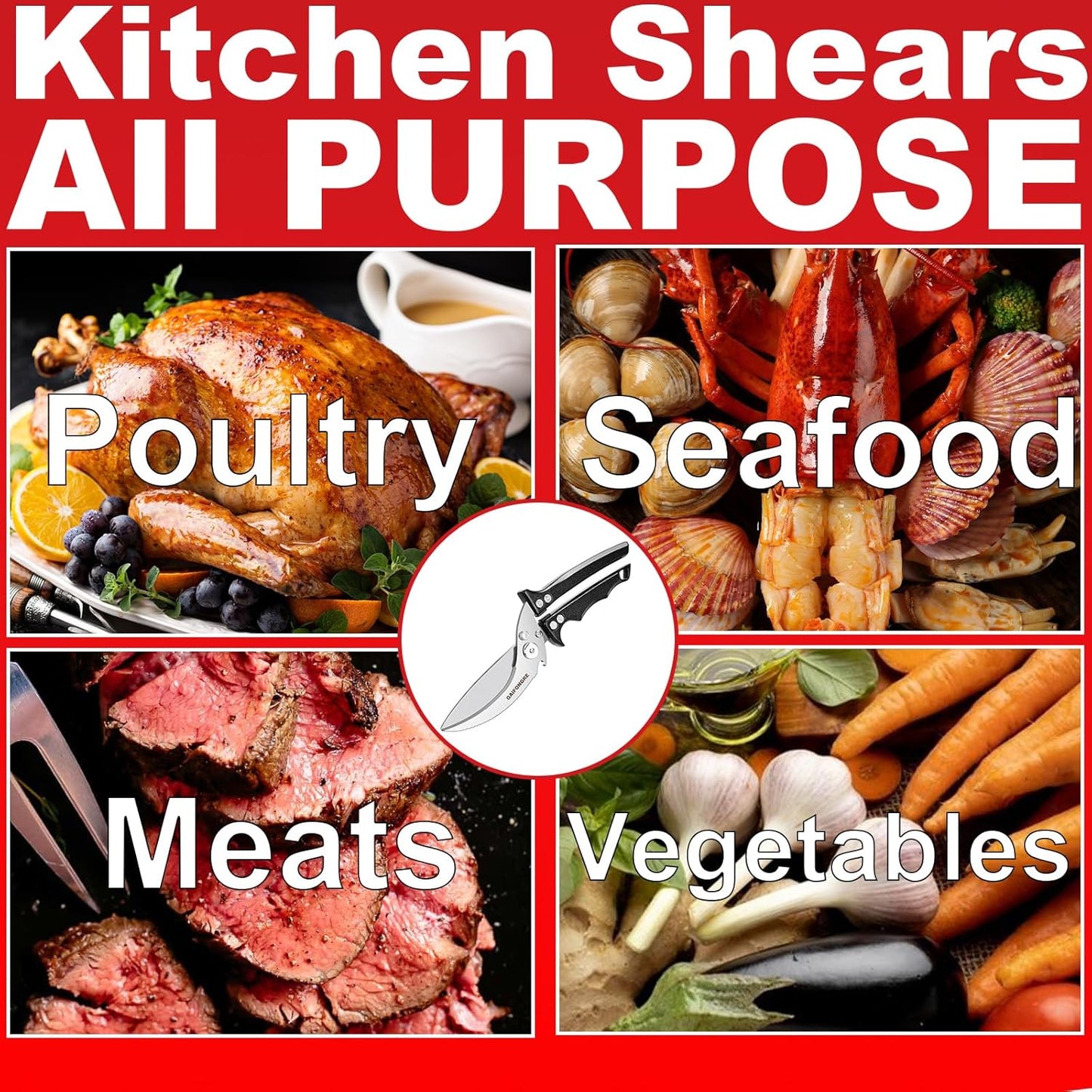 Heavy Duty Poultry Scissors - All Purpose Kitchen Shears for Chicken, Fish & Meat - Easily Separable, Dishwasher Safe (Red)