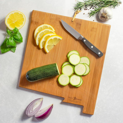 Totally Bamboo North Carolina State Shaped Cutting Board and Charcuterie Serving Platter with Artwork by Summer Stokes, Includes Hang Tie for Wall Display 18" x 8" x 5/8" - Colors B