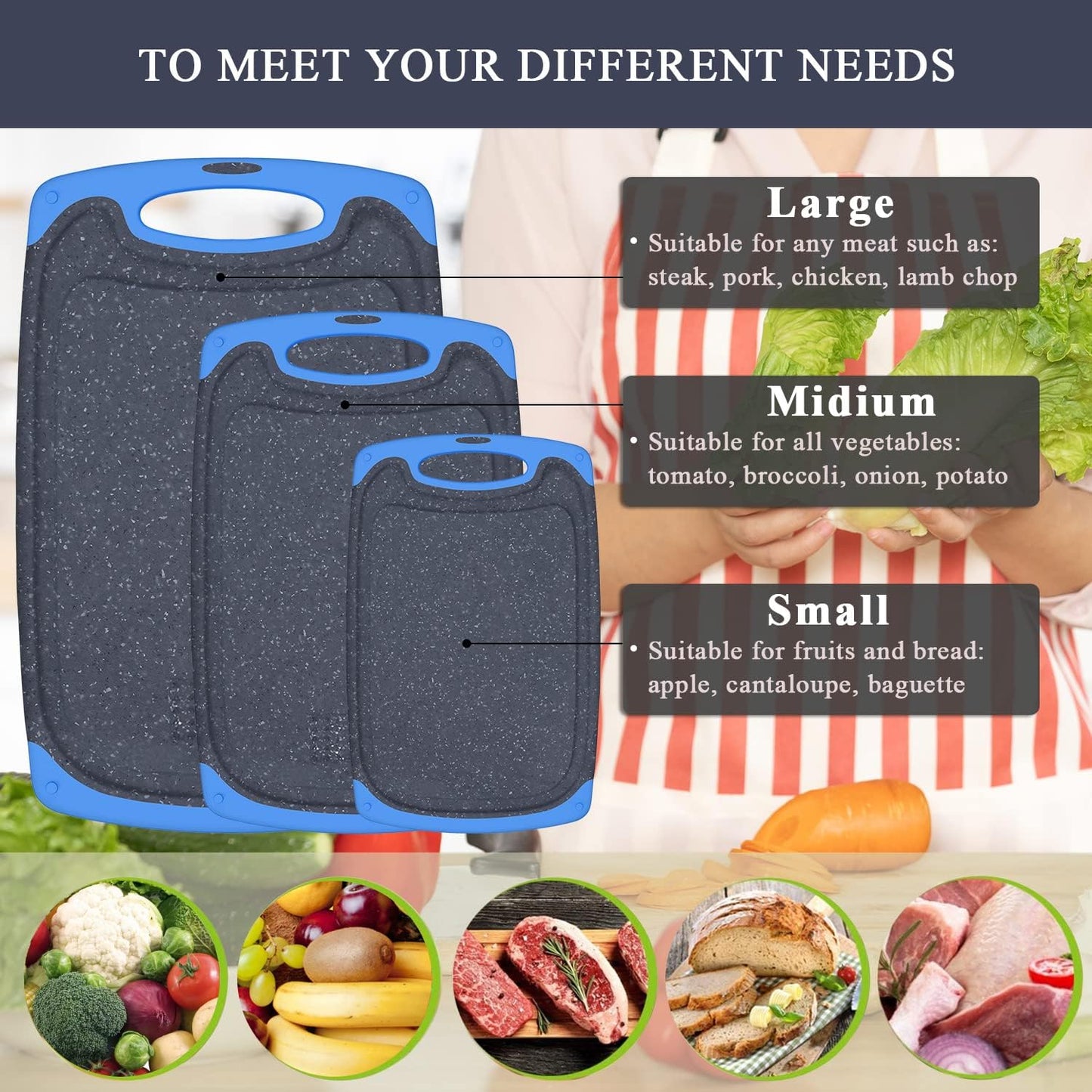 Viretang Plastic Cutting Boards Set of 3 for Kitchen, Thick Chopping Board with Deep Juice Grooves, Non‑Slip Feet, Easy Grip Handle, BPA Free, Dishwasher Safe,Black