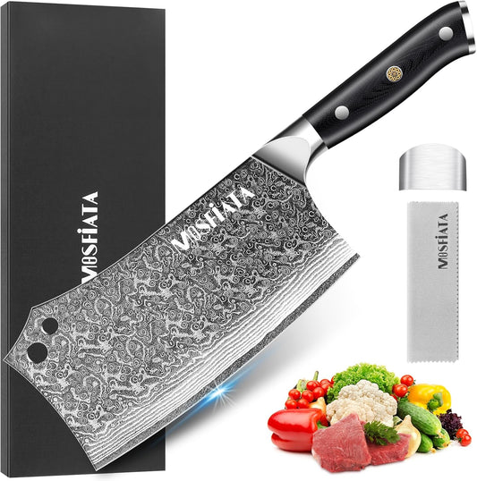 MOSFiATA 7'Nakiri Knife Damascus Professional Sharpe Chef Knife， Kitchen Knifed Damascus Steel VG-10 Blade with Ergonomic Handle Sharpener
