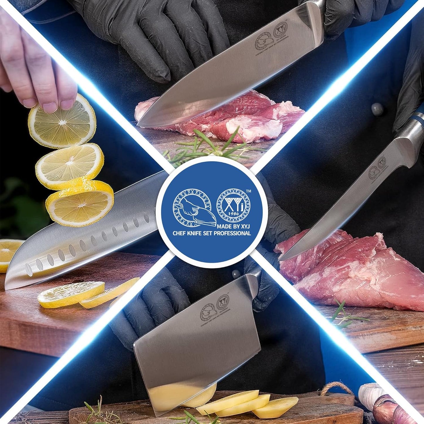 XYJ Professional Knife Sets for Master Chefs,Meat Cleaver Butcher for Camping,Chef Knife Set with Magnetic Knife Block,Stainless Steel Kitchen Knives Tools Kit