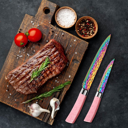 Rainbow Titanium Knife Set, Non Stick Thick and Sharp Stainless Steel 15 Pcs Cutlery Kitchen Knives Set with Acrylic Block, Chef Quality for Home & Pro Use, Best Gift, Pink Color