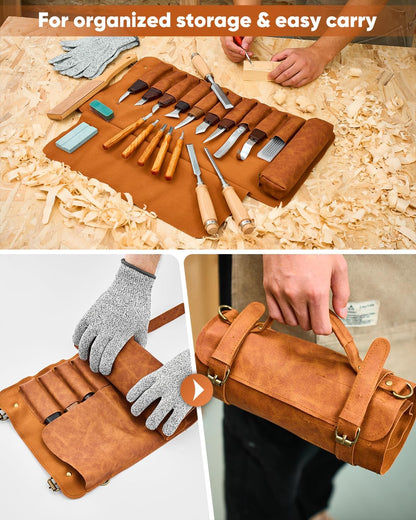 Deluxe Wood Carving Kit, 25 Piece Wood Carving Tools with Thick Leather Storage Bag,Wood Whittling Tools -Ideal Woodworking Tools and Hobbies for Beginners Enthusiasts Gift DIY