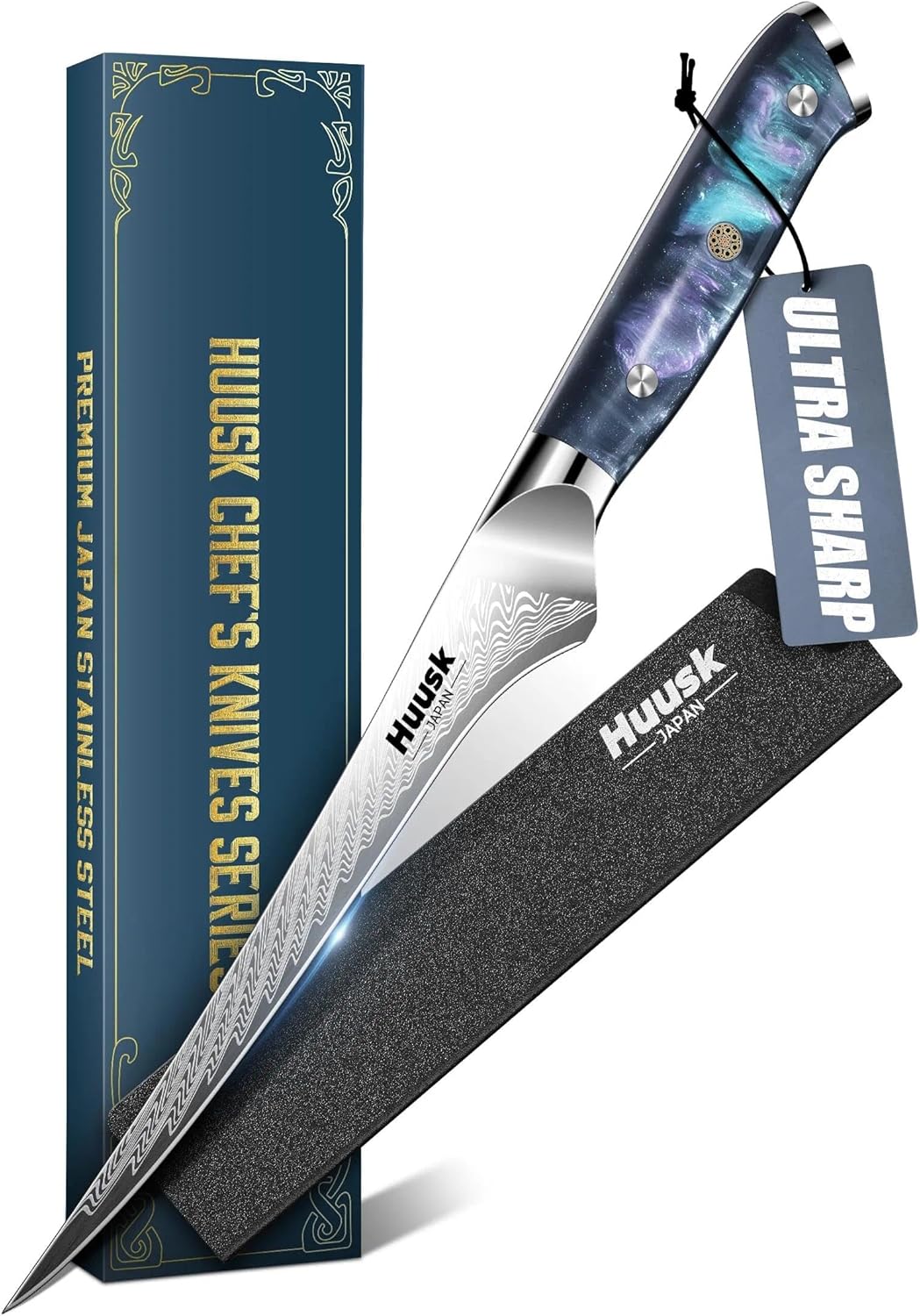 Huusk Fillet Knife for Fish & Meat 7" - Stainless Boning Knife for Meat Cutting & Processing with Sheath, Flexible Fish Filleting Knives for Salmon, Ultra Sharp Deboning Knives, Men's Christmas Gifts