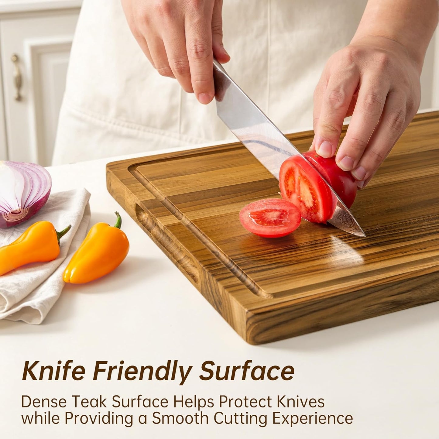 THETCHRY Teak Wood Cutting Boards for Kitchen, Wooden Cutting Board with Handles, Wooden Chopping Board with Juice Groove, Charcuterie Butcher Block for Meal Prep & Serving, 12.9" x 9.8"