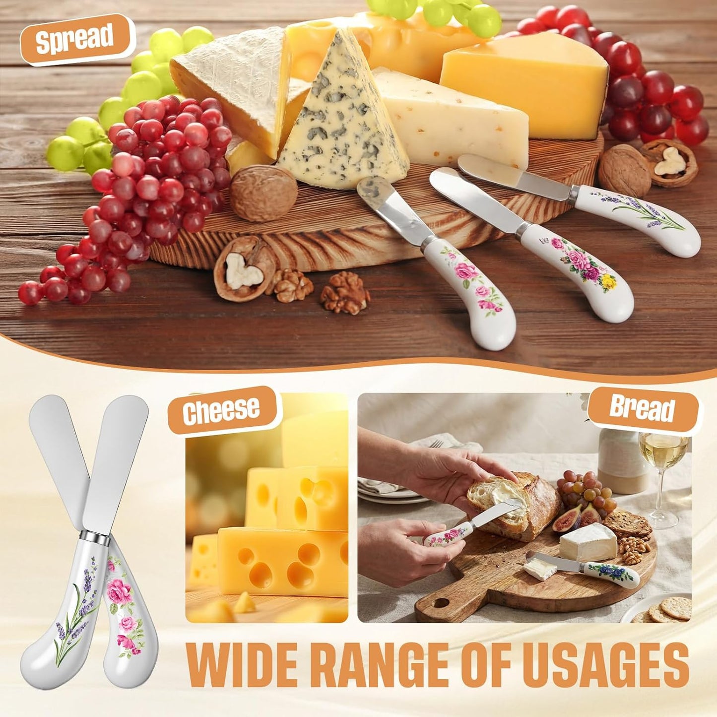 Floral Cheese Spreaders 4.95" Stainless Steel Butter Knife with Ceramic Handle for Jam, Pastry, Butter Knife - Holiday Silverware & Festive Kitchen Cutlery (Flowers)