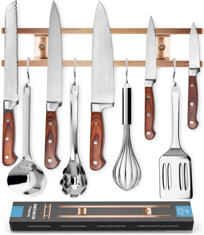 Zulay (12 Inch) Stainless Steel Magnetic Knife Holder For Wall - Powerful Knife Magnetic Strip With Extra Hanging Hooks - Wall Mount Magnetic Knife Strip & Organizer For Kitchen & Tools (Gold)