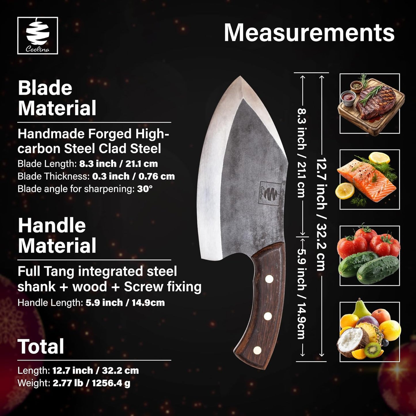 COOLINA Daozi 8" Butcher Knife, Hand-Forged High-Carbon Steel Cleaver for Heavy-Duty Meat Cutting, Slicing, Chopping, Brisket & BBQ, Full-Tang Forged Blade with Ergonomic Wood Handle