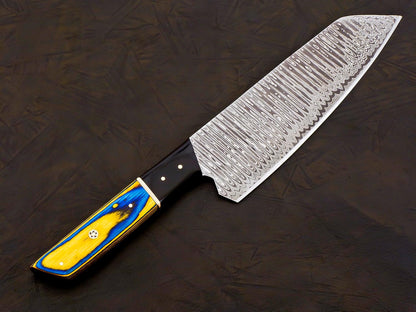 Damascus Steel Bunka Chef Knife, 13 Inch, Blue & Yellow Pakkawood Handle, Forged, with Leather Sheath