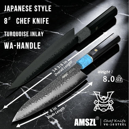 Japanese 8" Forged Chef Knife for Kitchen, Razor Sharp VG10 Steel Core with 5-Layer High Carbon Finish, Hammered Cracked Pattern, Ebony Handle with Turquoise (White)