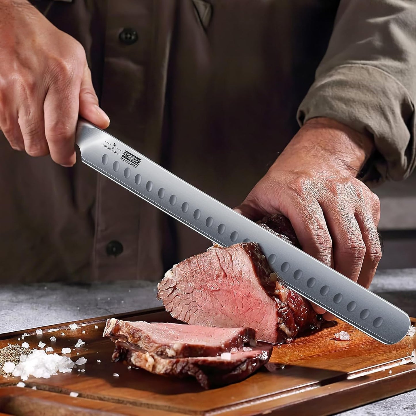 HOSHANHO 8 Inch Carving Knife & 7 Inch Fork Set, Professional Japanese High Carbon Steel Razor Sharp Butcher Brisket Slicing Knife Set for Meat Cutting, BBQ