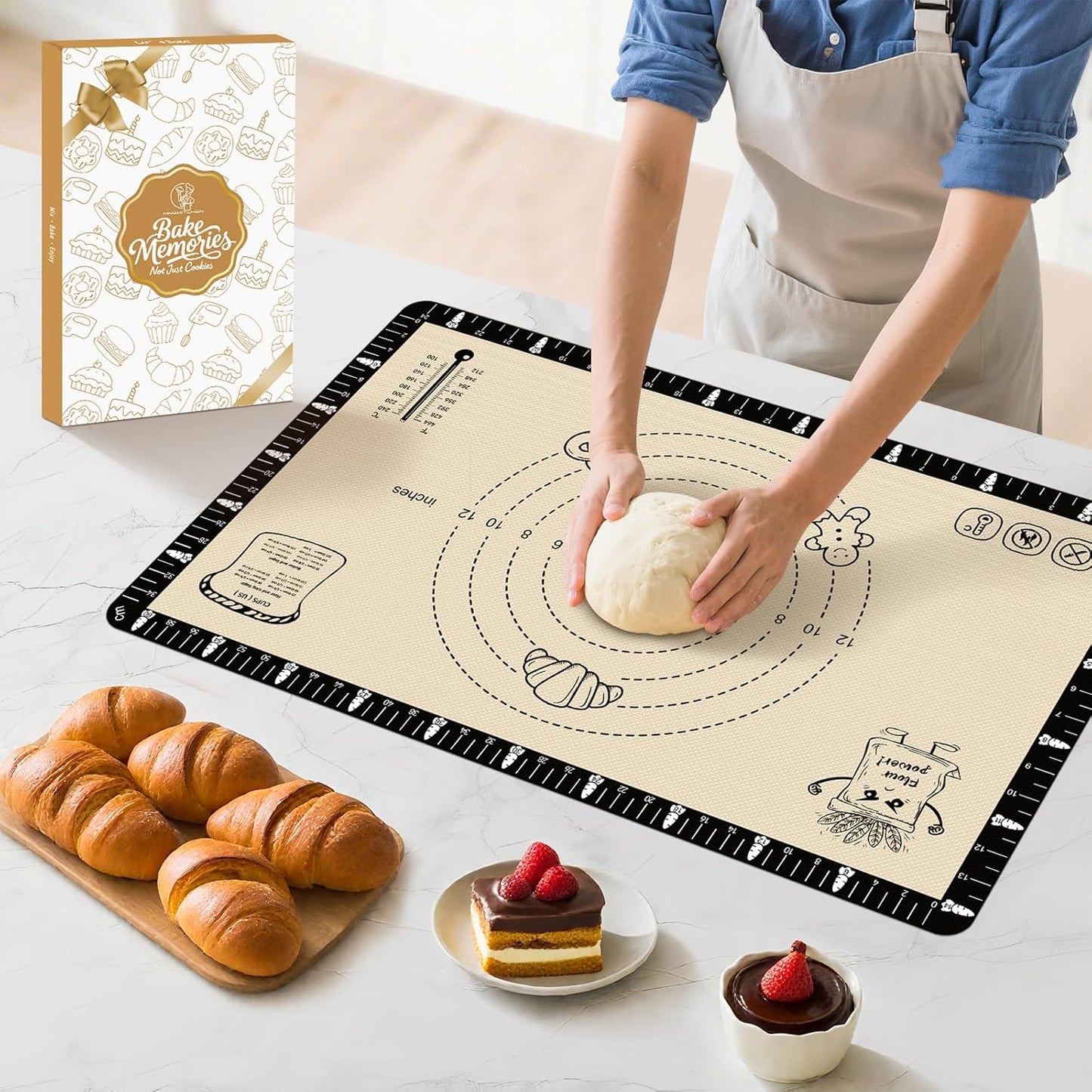 Extra Thick Silicone Baking Mat with Recipes - 26x16 inch Non Stick Pastry Mat with Measurements for Sourdough, Macarons, Bread, Pizza, Dough Rolling, Kneading, Heat Resistant to 480°F Gift for Baker