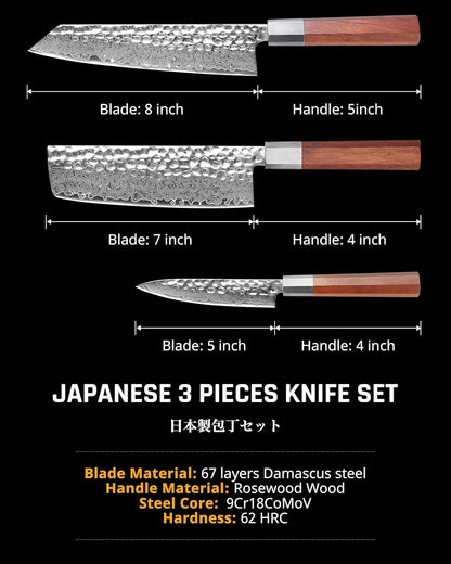 YOTSUBA 3PCS Japanese Damascus Chef Knife Set – Ultra Sharp Hand-Forged High Carbon Steel Blades with 100% Genuine Natural Hardwood Handles, Professional Kitchen Knives for Chopping Meat & Vegetables
