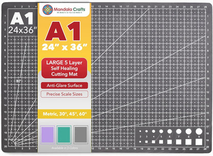 Mandala Crafts Self-Healing Cutting Mat Set – 12" x 18" A3 Green Double-Sided 5-Ply Mat with Fabric Cutter, Quilt Ruler & Craft Knife for Sewing, Quilting, Leather & Scrapbooking