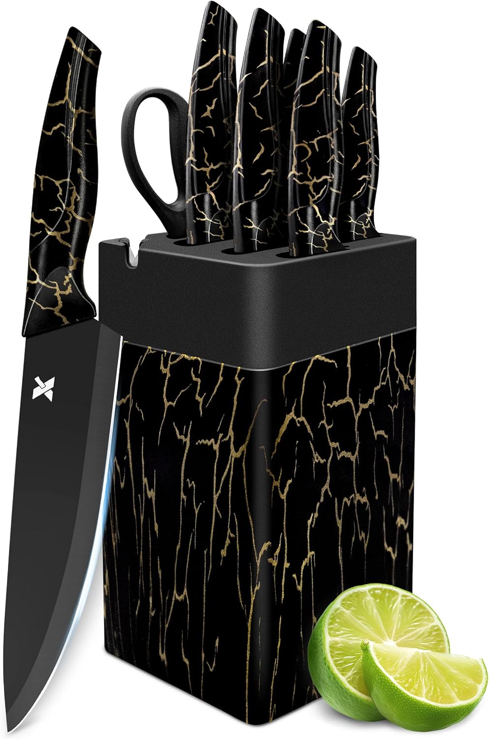 XANAPON Knife Set, 14 Pieces Kitchen Knife Set, High Carbon German Stainless Steel, Dishwasher Safe Cutlery with Sharpener, Black