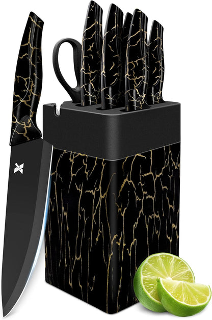 Knife Set, 8 Pieces Kitchen Knife Block Sets, High Carbon German Stainless Steel, Dishwasher Safe Cutlery with Sharpener, Black
