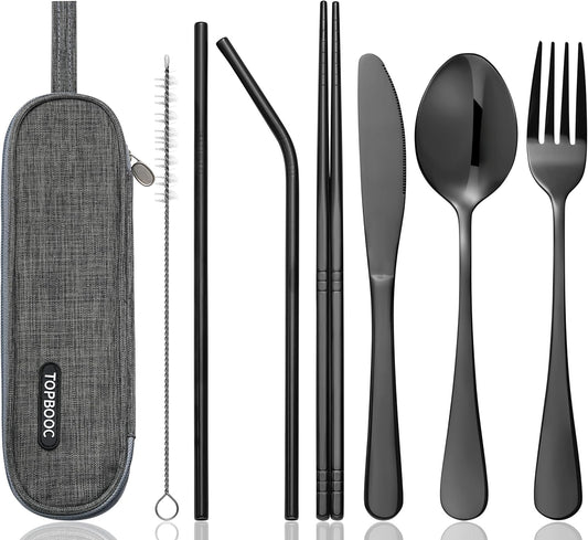 Portable Stainless Steel Flatware Set, Travel Camping Cutlery Set, Portable Utensil Travel Silverware Dinnerware Set with a Waterproof Case (Green)