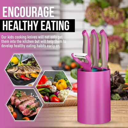 TruChef 5-Piece Kids Cooking Chef Knife Set | Real Stainless Steel Knives with Peeler, Serrated Knife & Holder | Kids Safe Rounded Tips, Easy-Grip Handles | Kitchen Knife Set (5 pcs, Aqua)