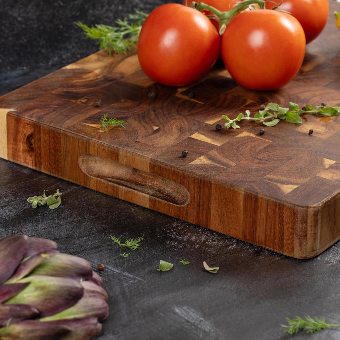 Yatoshi Knives Extra-Large Acacia Wood Cutting Board with Built-In Handles – Checkered End-Grain Butcher Block, Reversible Chopping Board for Meat, Bread & Vegetables – Premium Heavy-Duty Chef Board