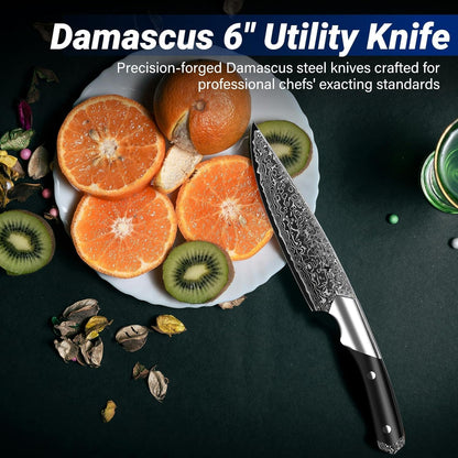 Golden Bird 6 inch Kitchen Utility knife, Japanes VG10 Damascus Steel Chef Knives with Wooden Handle, Small Paring Knife for Fruit and Vegetable, Ideal Gift