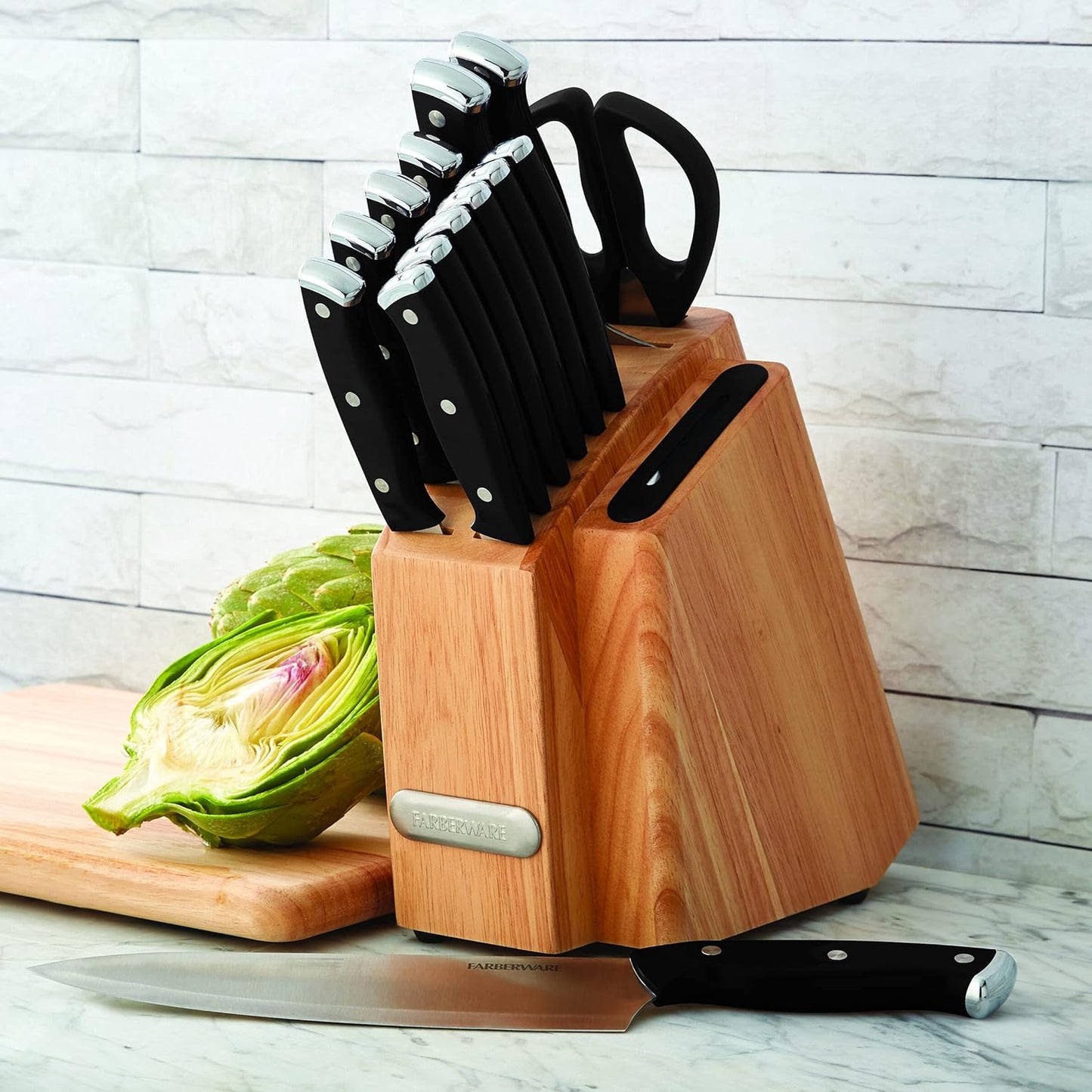 Farberware Edgekeeper Triple Riveted Slim Knife Block Set with Built in Sharpener, 14-Piece, Navy
