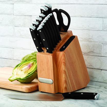 Farberware Edgekeeper Triple Riveted Slim Knife Block Set with Built in Sharpener, 14-Piece, Navy